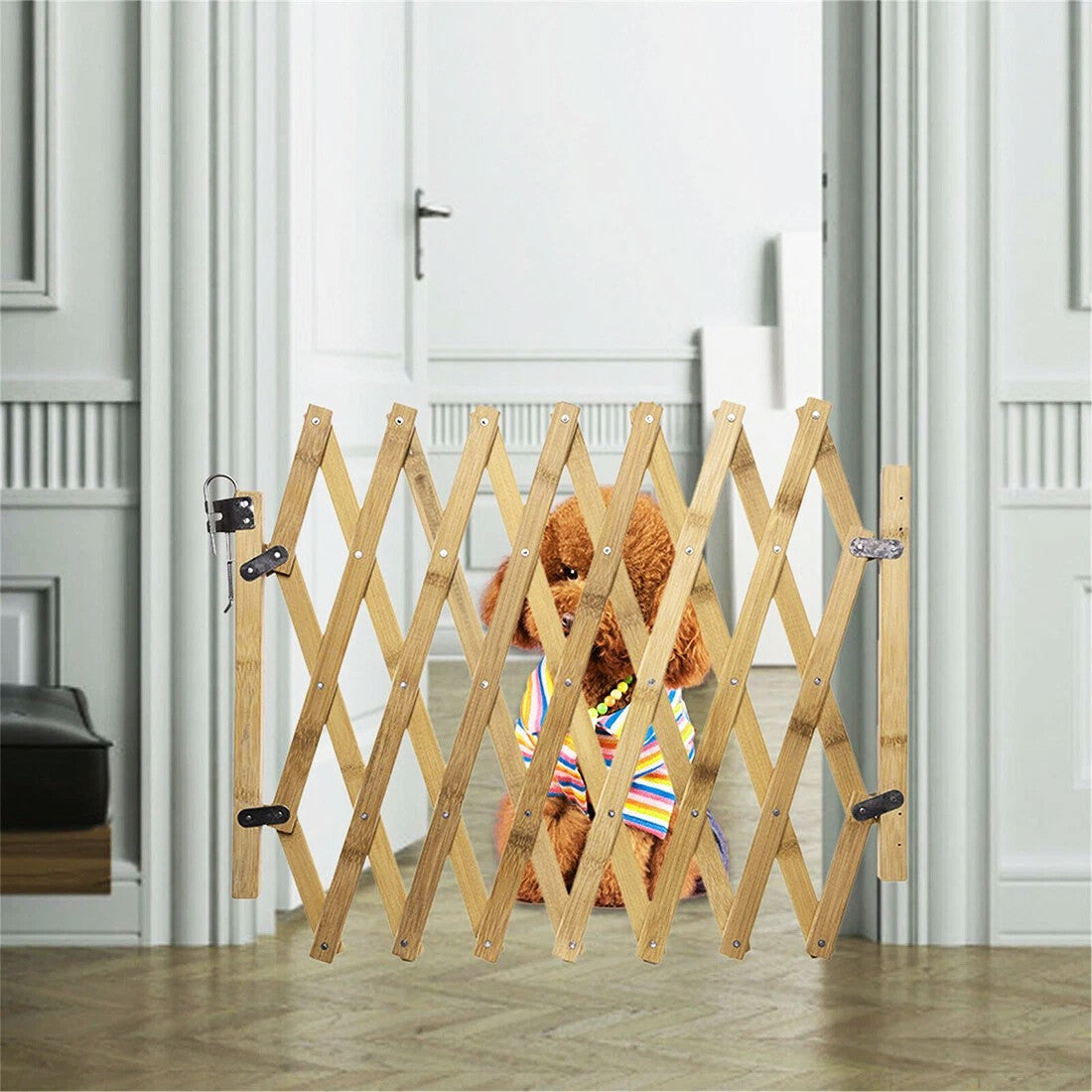 Retractable Wooden Dog Gate Pet Baby Safety Fence Barrier Doorways Stairs Garden