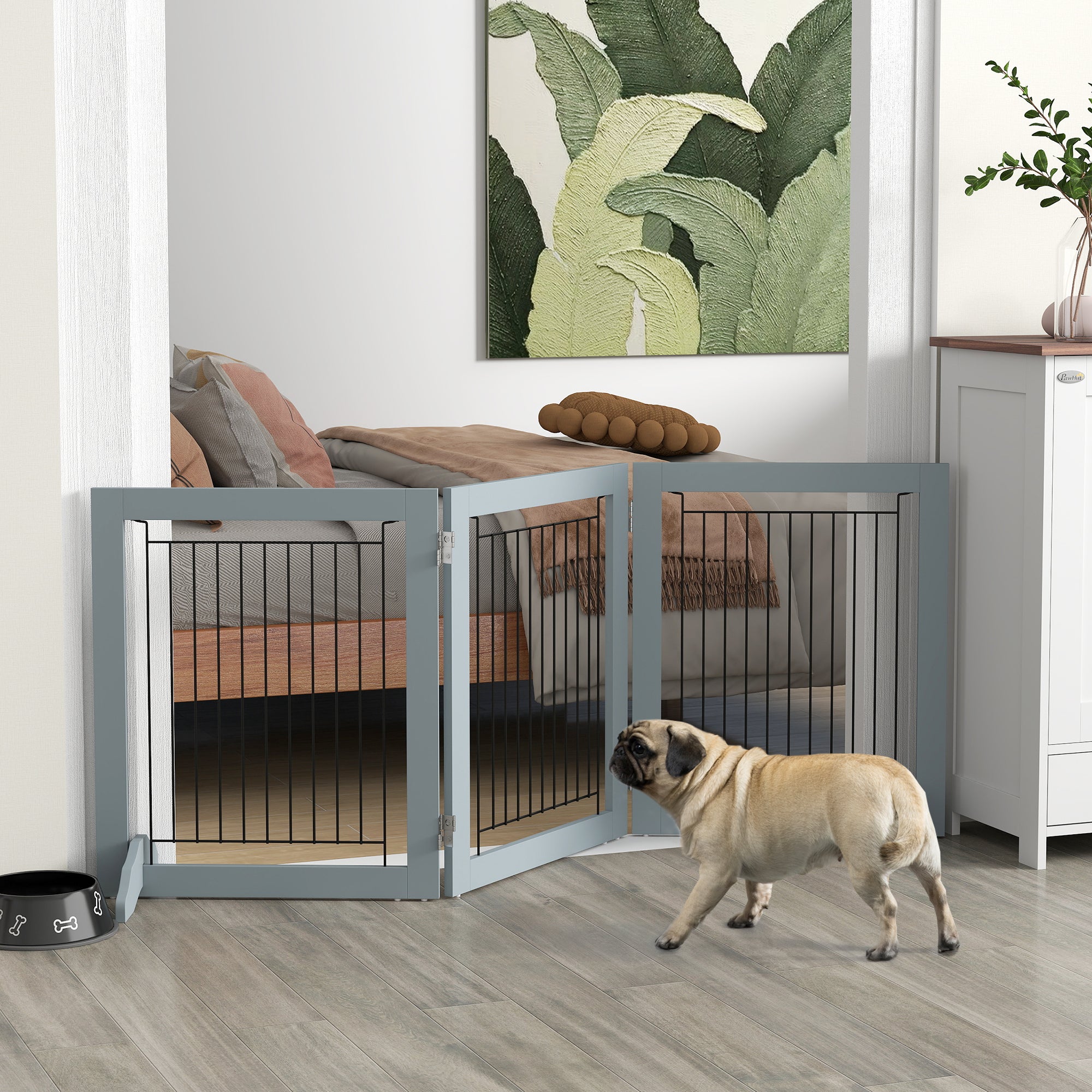 PawHut Foldable Pet Gate, With Three Panels & Two Support Feet - Grey