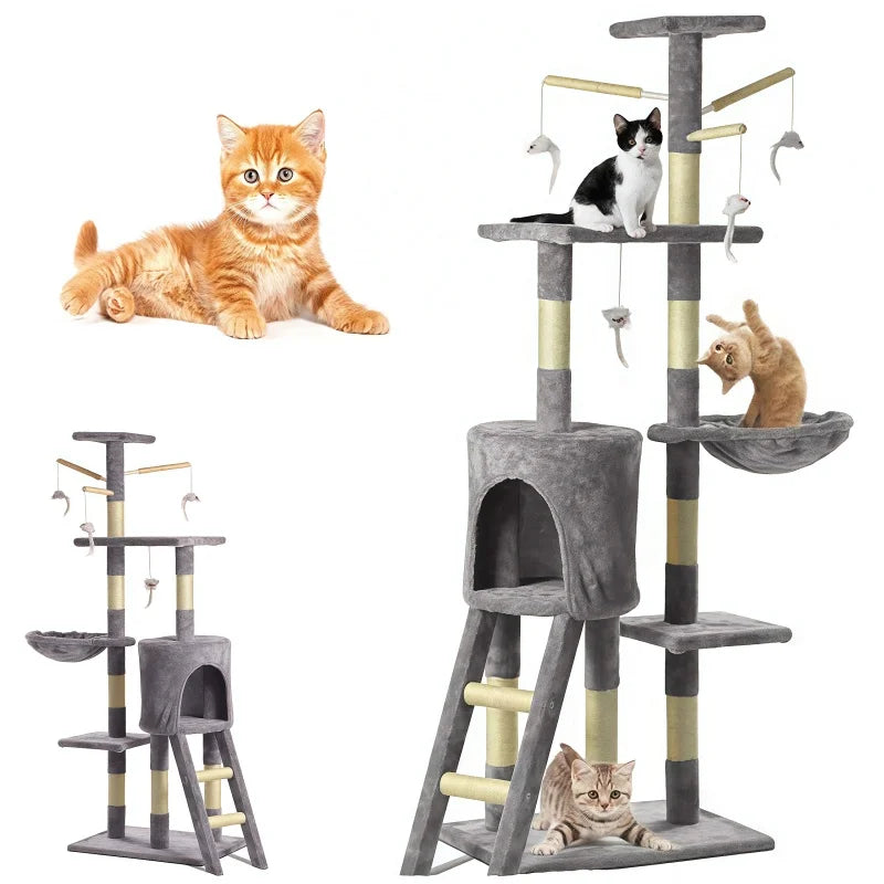 BRIEFNESS Multi-storey cat tree tower with scratch post climbing, plush cave and sleeping area, indoor/outdoor activity center