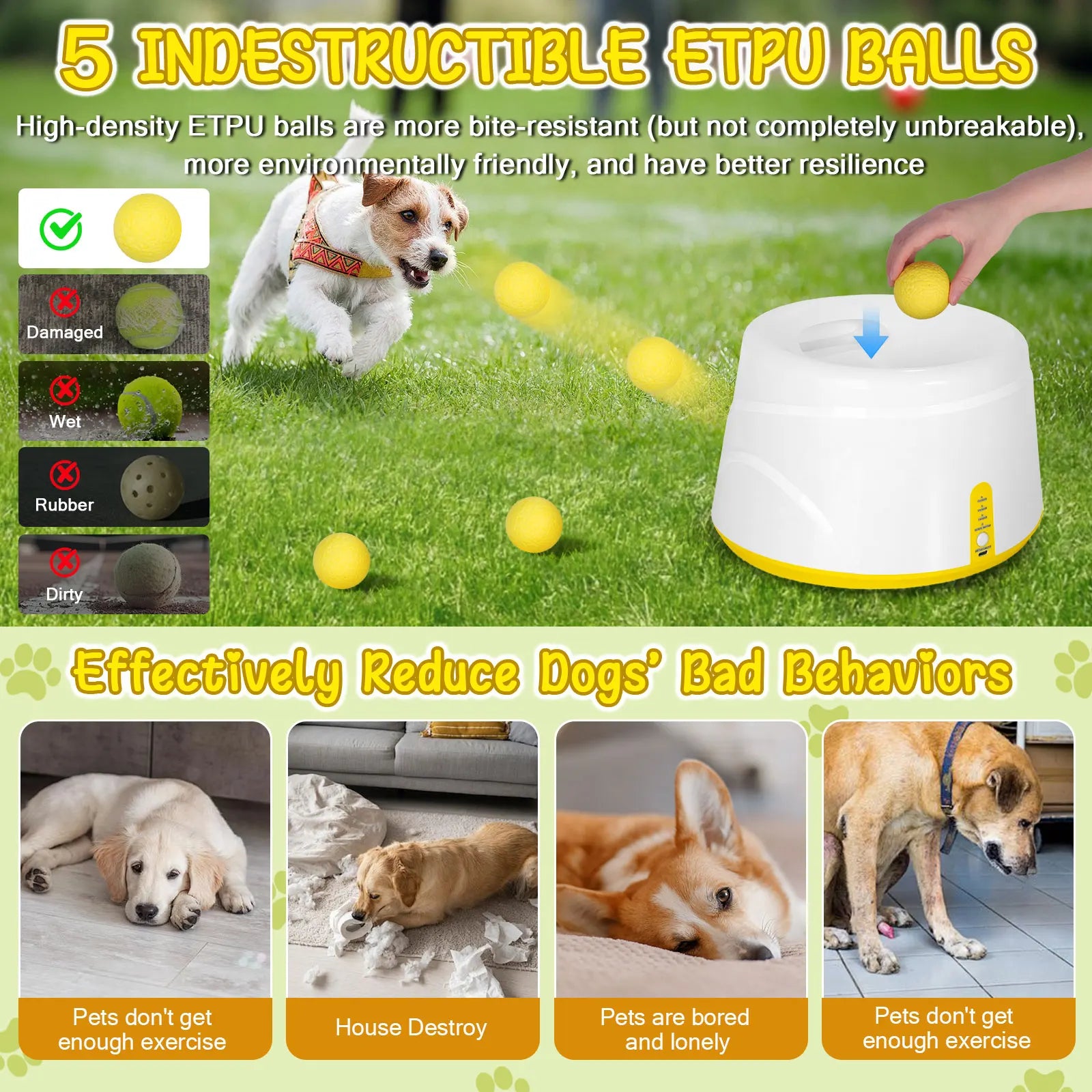 Next-Gen Automatic Dog Ball Launcher,Interactive Dog Tennis Ball thrower With 5 ETPU balls-Non-Toxic, Interactive Dog Toy