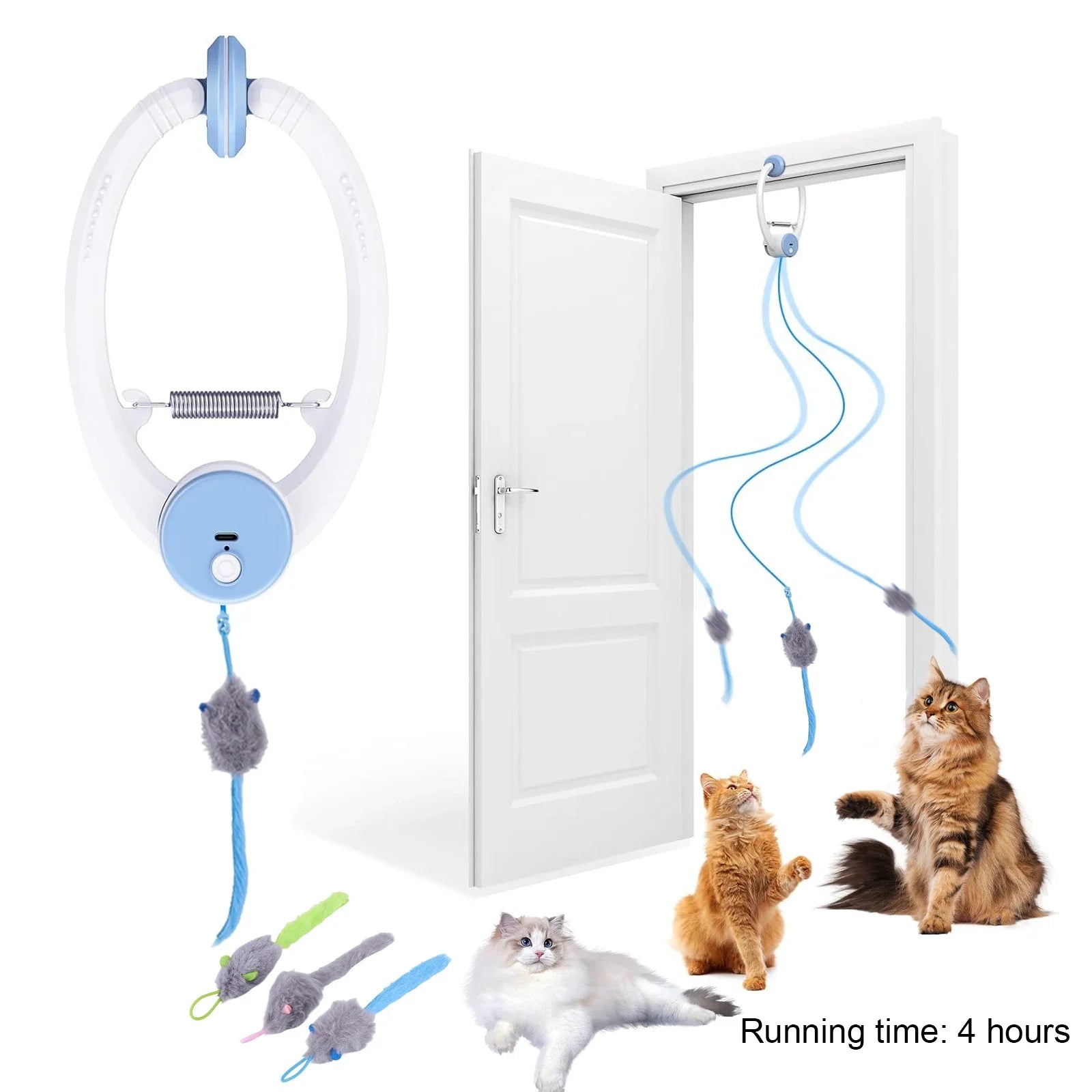 Teaser Electronic Self Play Feather Cat String Toy with 3 Catnip Mice Self Play Hanging Door Cat Mouse Toys for Indoor Bored Cat