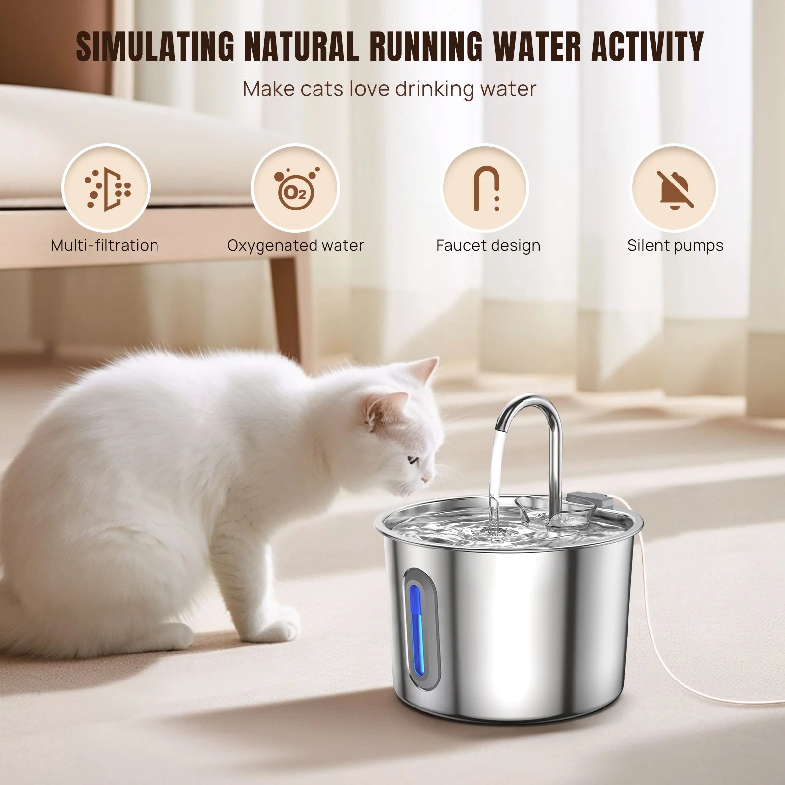 BRIEFNESS Cat Dog Water Bowl 2.2L, Circulating Fountain with Triple Filtration System, Ultra Quiet Pump and LED Indicator
