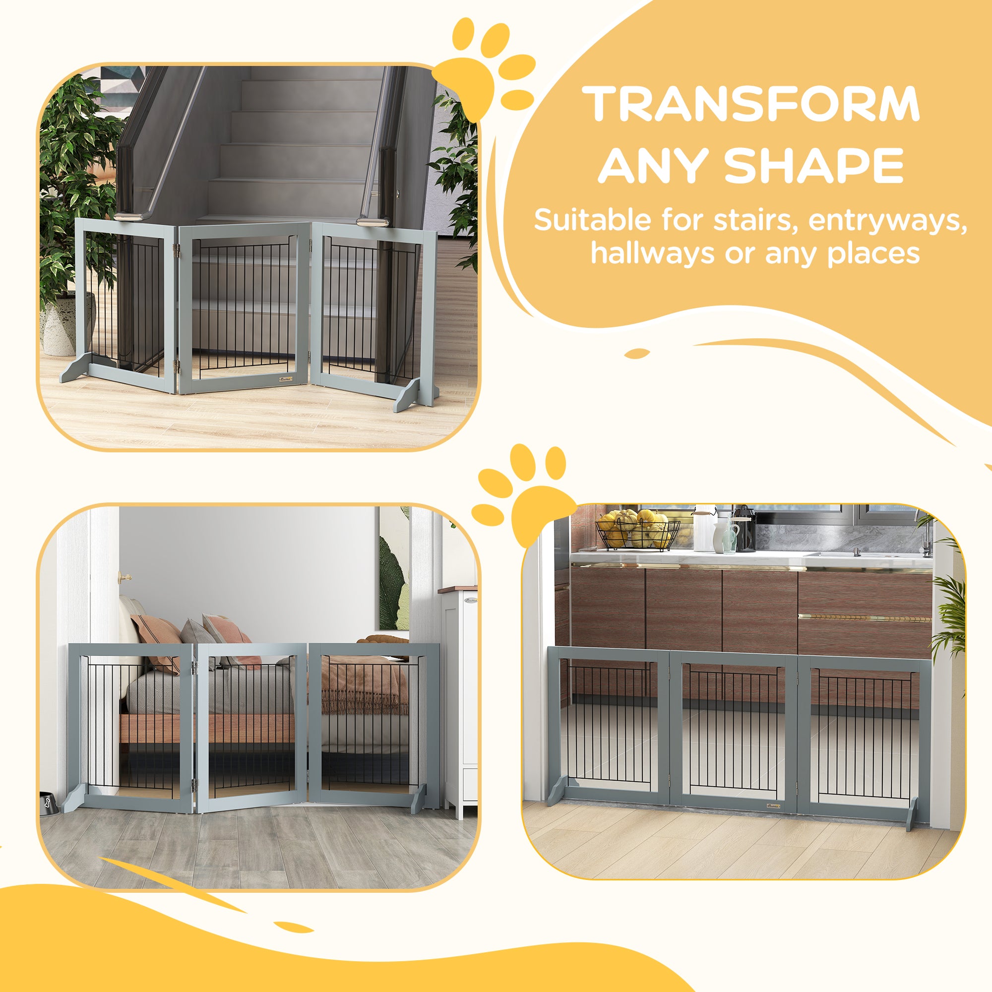 PawHut Foldable Pet Gate, With Three Panels & Two Support Feet - Grey