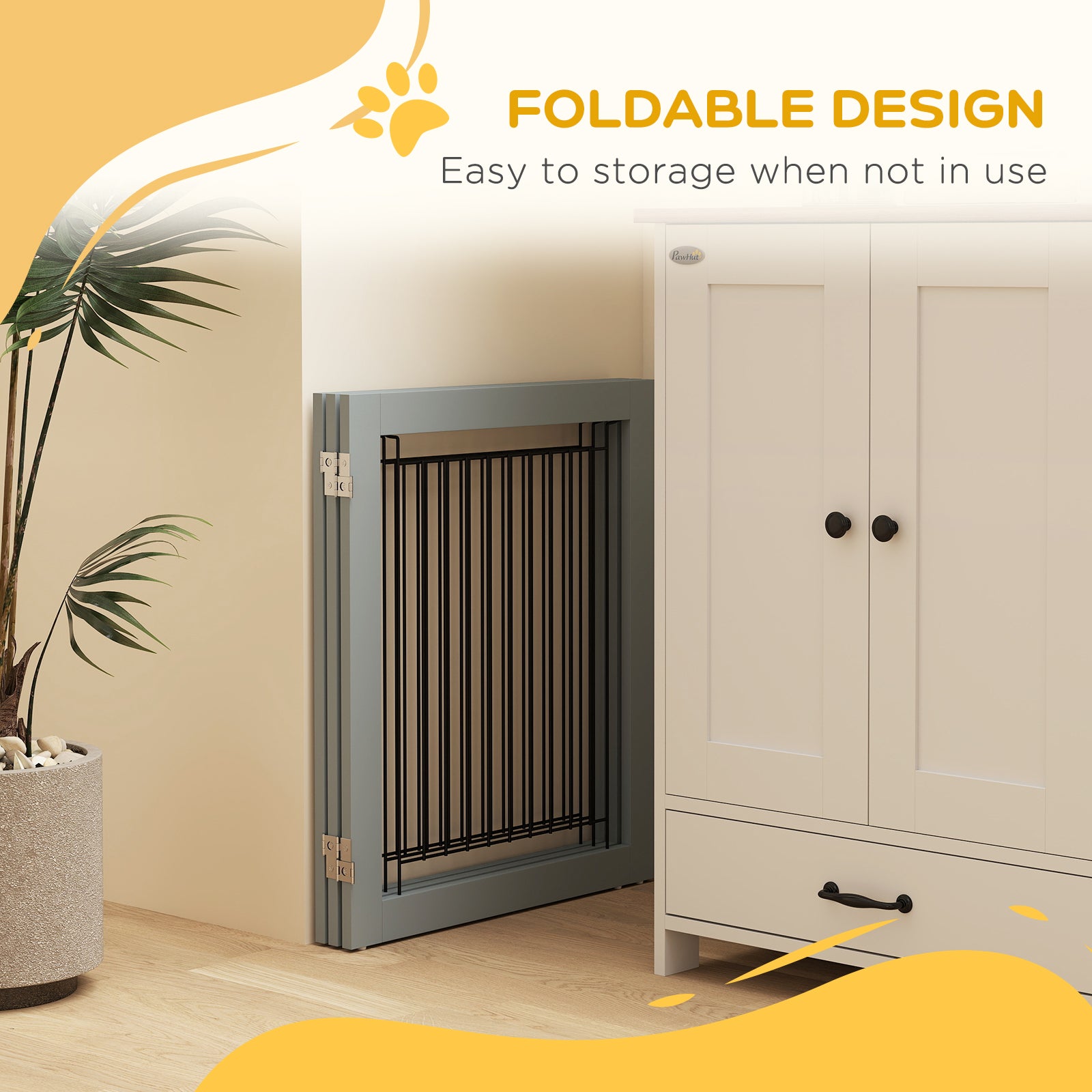 PawHut Foldable Pet Gate, With Three Panels & Two Support Feet - Grey